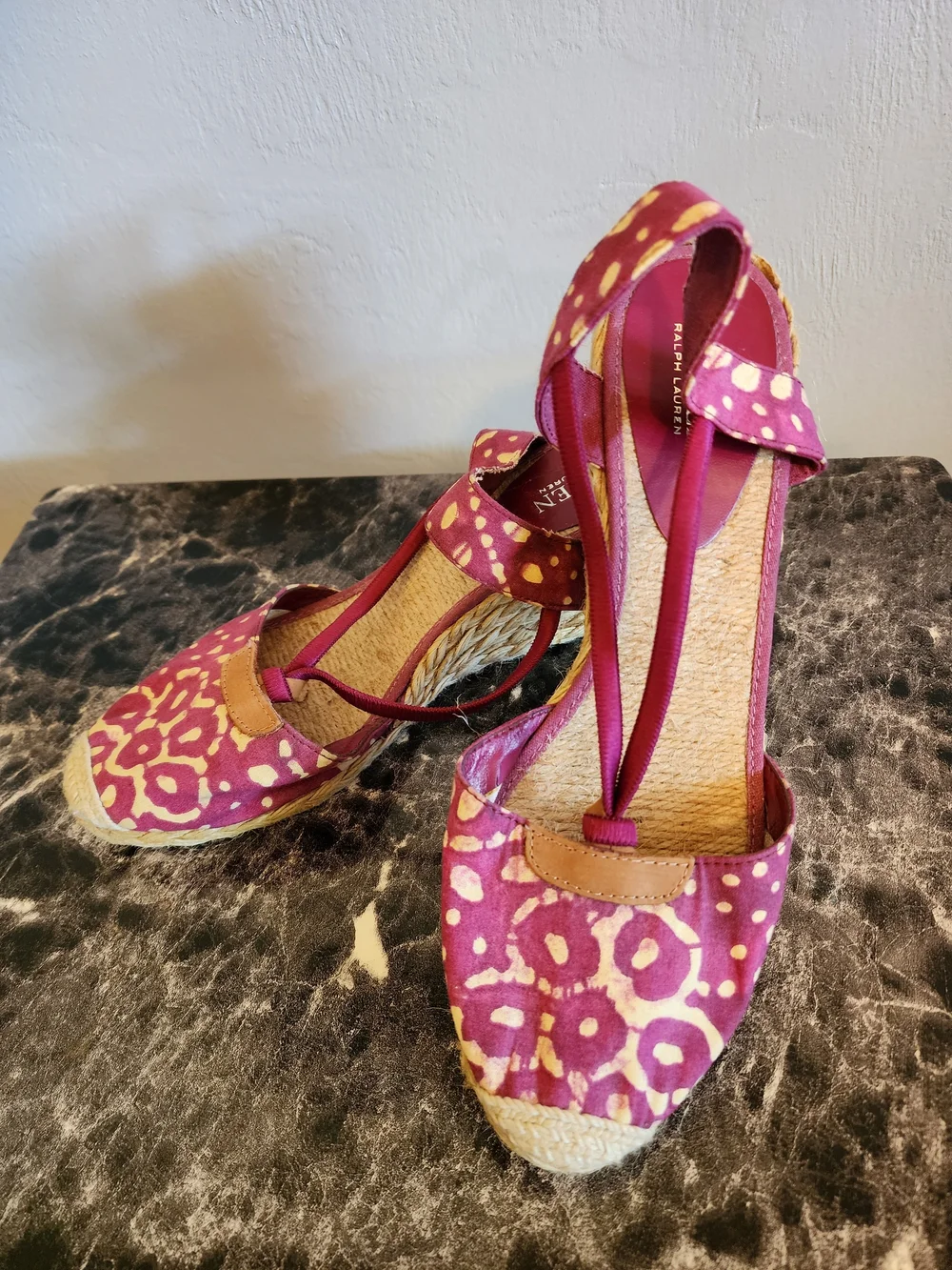 Lauren Ralph Lauren Magenta and Cream Leopard-Print Espadrille Wedges